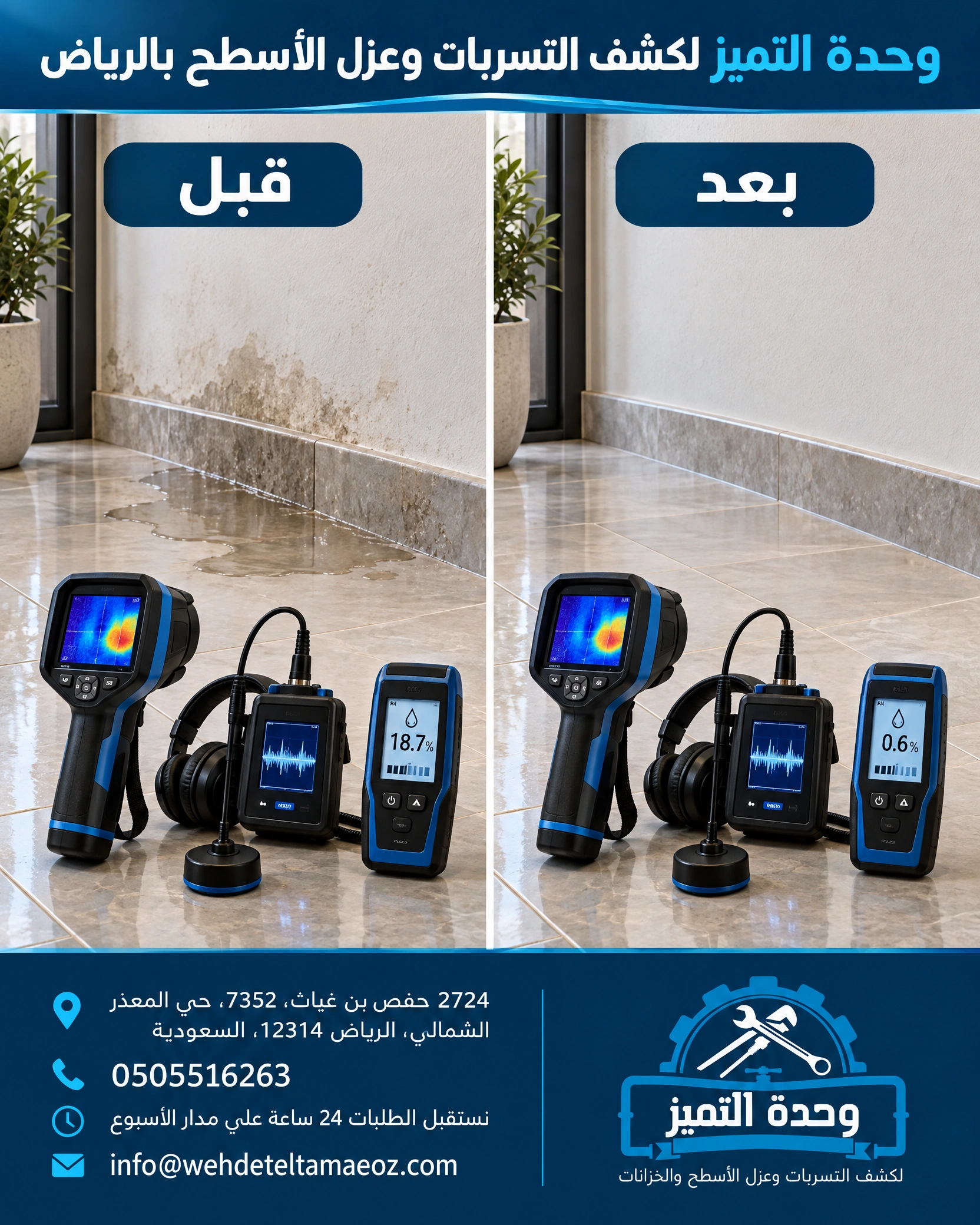 كشف تسرب المياه تحت الأرضية: مقارنة قبل وبعد المعالجة كشف تسرب المياه تحت الأرضية: مقارنة قبل وبعد المعالجة